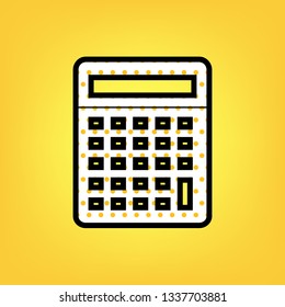 Calculator simple sign. Vector. Yellow polka dot white icon with black contour at warm yellow background.