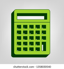 Calculator simple sign. Vector. Yellow green solid icon with dark green external body at light colored background.