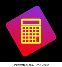 Calculator simple sign. Vector. Yellow icon at violet-red gradient square with rounded corners rotated for dynamics on black background.