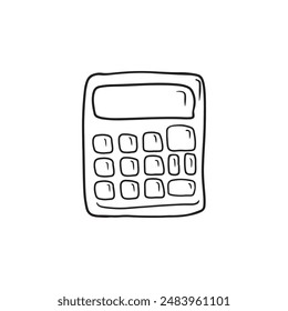 Calculator with small screen for counting in school and learning arithmetic and numbers. Hand drawn vector sketch illustration in doodle engraved vintage line art style. Shop cashier, stationery.