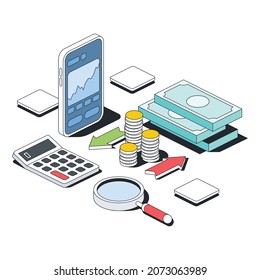 Calculator, smartphone charts, magnifier, money coins. Vector 3d sketch line isometric style, color icon illustration. Creative design idea and infographics elements.