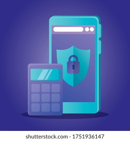 Calculator and smartphone with shield design, Mathematics finance device electronic education office object and accounting theme Vector illustration