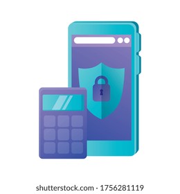 Calculadora y smartphone con diseño de escudo, dispositivo de financiación matemática objeto de oficina de educación electrónica y tema de contabilidad Ilustración vectorial
