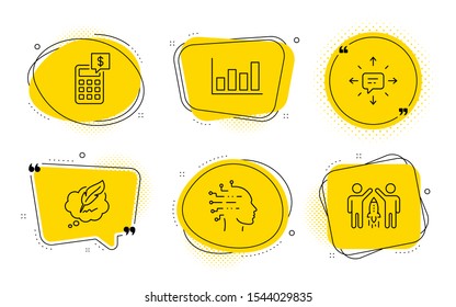 Calculator, Sms and Partnership signs. Chat bubbles. Copyright chat, Report diagram and Artificial intelligence line icons set. Speech bubble, Financial market, Mind intellect. Vector