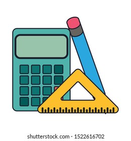 calculator with squad ruler and pencil over white background, vector illustration