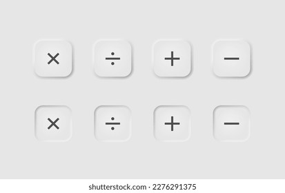 Calculator square buttons in neumorphism style. Icons for business, white UI, UX. Calculation symbol. Mathematics, accounting interface, economics, plus, minus. Neumorphic style. 