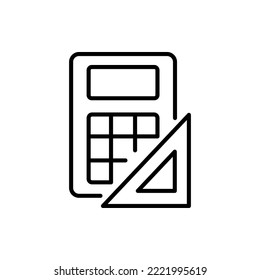 Calculator and square line icon. Algebra, geometry, mathematics, study, school, architecture, science, draw, drawing, project, design, count, calculations, engineering. Technology concept