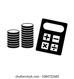 Calculator and stack of coins icon. May represent concepts of accounting, banking and money savings. Vector Illustration 