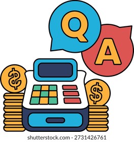 A calculator with a stack of coins on top of it. The calculator has a Q and A on it