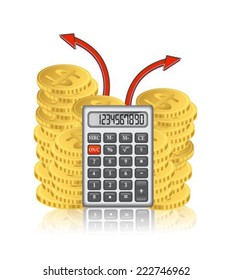 calculator and a stack of gold coins with the arrows on a white background