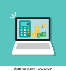 Calculator and Stack of golden bitcoin with money bill cash and light bulb on Laptop, computer. Successful concept flat cartoon design