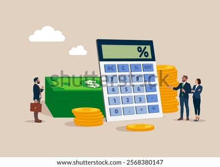 Calculator and stack of money in dollar. Loan calculation, budget allocation, expense and debt pay off or payment. Flat vector illustration