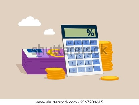 Calculator and stack of money in euro. Loan calculation, budget allocation, expense and debt pay off or payment. Flat vector illustration