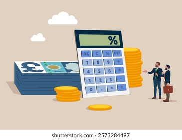 Calculator and stack of money in pound sterling. Loan calculation, budget allocation, expense and debt pay off or payment. Pound sterling banknote. British money. Currency. Flat vector illustration