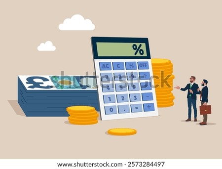 Calculator and stack of money in pound sterling. Loan calculation, budget allocation, expense and debt pay off or payment. Pound sterling banknote. British money. Currency. Flat vector illustration