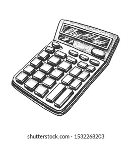 Calculator Stationery Equipment Monochrome Vector. Office Tool Electronic Calculator. Business Finance Device Engraving Concept Template Hand Drawn In Vintage Style Black And White Illustration