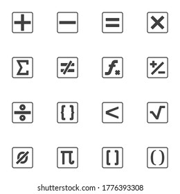 Calculator symbols vector icons set, math modern solid symbol collection, filled style pictogram pack. Signs, logo illustration. Set includes icons as addition, subtraction, multiplication, division