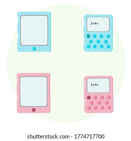 Calculator and tablet for school in pink and blue colors.