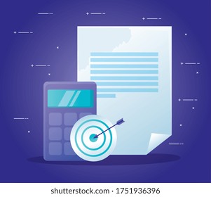 Calculator target and document design, Mathematics finance device electronic education office object and accounting theme Vector illustration