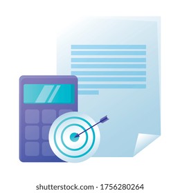 Calculator target and document paper design, Mathematics finance device electronic education office object and accounting theme Vector illustration