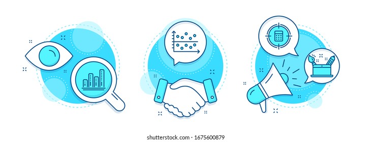 Calculator target, Dot plot and Graph chart line icons set. Handshake deal, research and promotion complex icons. Creativity concept sign. Audit, Presentation graph, Growth report. Graphic art. Vector