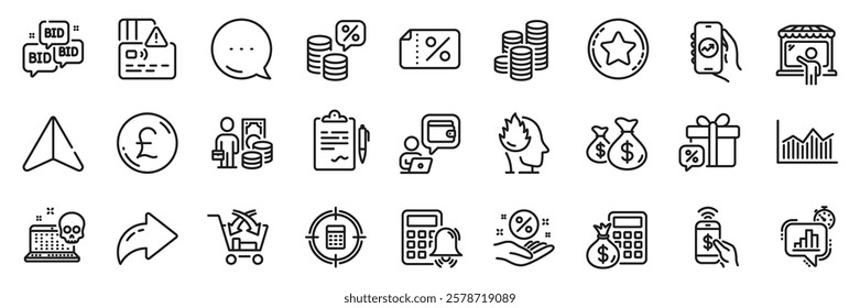 Calculator target, Loyalty star and Calculator alarm line icons pack. Share, Message, Paper plane icons. Card, Stress, Wallet web icon. Money tax, Money diagram, Coins pictogram. Vector