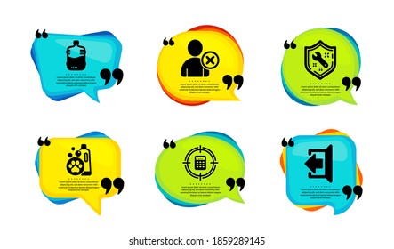 Calculator target, Pet shampoo and Spanner icons simple set. Speech bubble with quotes. Delete user, Cooler bottle and Sign out signs. Audit, Cleaning shampoo, Repair service. Vector