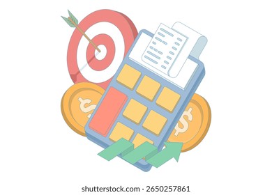 calculadora, alvo, crescente gráfico e moedas de ouro, simbolizando objetivos financeiros e sucesso. sucesso e desenvolvimento. ganho financeiro e estratégia de negócios. ilustração vetor plana.