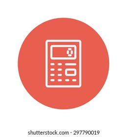 Calculator thin line icon for web and mobile minimalistic flat design. Vector white icon inside the red circle.