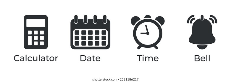 Calculator, Time, Date and Notification line icons. Calendar and alarm bell. Notice alert, business schedule and office time clock. Date reminder. Vector Illustration.