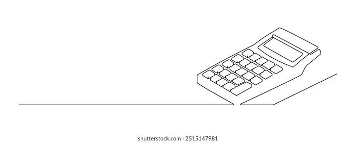 Rechenwerkzeug in einer durchgehenden Linienzeichnung. Zählen von Steuer- und Budgetkonzept im einfachen linearen Stil. Buchhaltungsfinanzierung in editierbarem Schlaganfall. Doodle-Kontur, Vektorgrafik