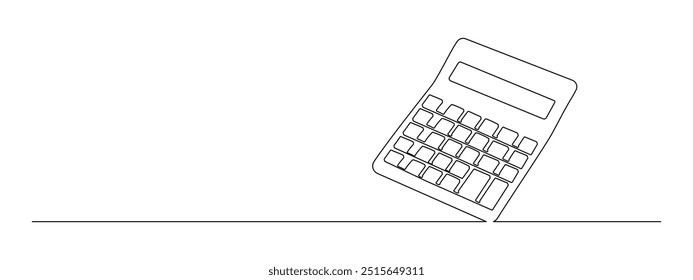 Rechenwerkzeug in einer durchgehenden Linienzeichnung. Zählen von Steuer- und Budgetkonzept im einfachen linearen Stil. Buchhaltungsfinanzierung in editierbarem Schlaganfall. Doodle-Kontur, Vektorgrafik