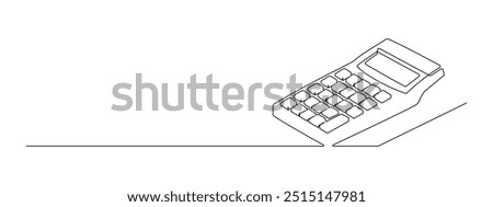 Calculator tool in one continuous line drawing. Counting tax and budget concept in simple linear style. Accounting finance in editable stroke. Doodle outline vector illustration
