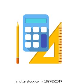 calculator, triangle ruler and pencil for computation, reckoning, adding up, counting up, determining, estimation, mathematical, calculation concept illustration flat design vector eps10. simple icon