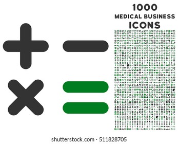 Calculator vector bicolor icon with 1000 medical business icons. Set style is flat pictograms, green and gray colors, white background.