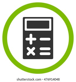 Calculator vector bicolor rounded icon. Image style is a flat icon symbol inside a circle, eco green and gray colors, white background.