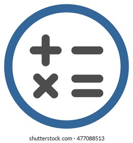 Calculator vector bicolor rounded icon. Image style is a flat icon symbol inside a circle, cobalt and gray colors, white background.