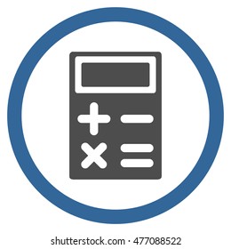 Calculator vector bicolor rounded icon. Image style is a flat icon symbol inside a circle, cobalt and gray colors, white background.