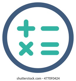 Calculator vector bicolor rounded icon. Image style is a flat icon symbol inside a circle, cobalt and cyan colors, white background.