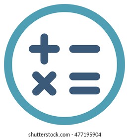 Calculator vector bicolor rounded icon. Image style is a flat icon symbol inside a circle, cyan and blue colors, white background.