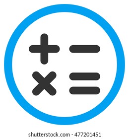 Calculator vector bicolor rounded icon. Image style is a flat icon symbol inside a circle, blue and gray colors, white background.