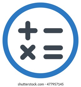 Calculator vector bicolor rounded icon. Image style is a flat icon symbol inside a circle, smooth blue colors, white background.