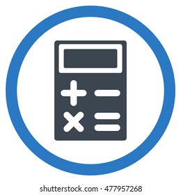 Calculator vector bicolor rounded icon. Image style is a flat icon symbol inside a circle, smooth blue colors, white background.
