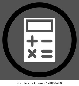 Calculator vector bicolor rounded icon. Image style is a flat icon symbol inside a circle, black and white colors, gray background.