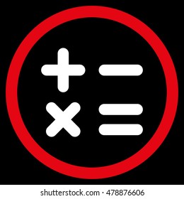 Calculator vector bicolor rounded icon. Image style is a flat icon symbol inside a circle, red and white colors, black background.