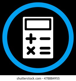 Calculator vector bicolor rounded icon. Image style is a flat icon symbol inside a circle, blue and white colors, black background.