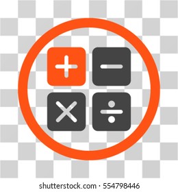 Calculator vector bicolor rounded icon. Image style is a flat icon symbol inside a circle, orange and gray colors, transparent background.