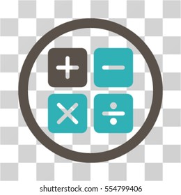 Calculator vector bicolor rounded icon. Image style is a flat icon symbol inside a circle, grey and cyan colors, transparent background.