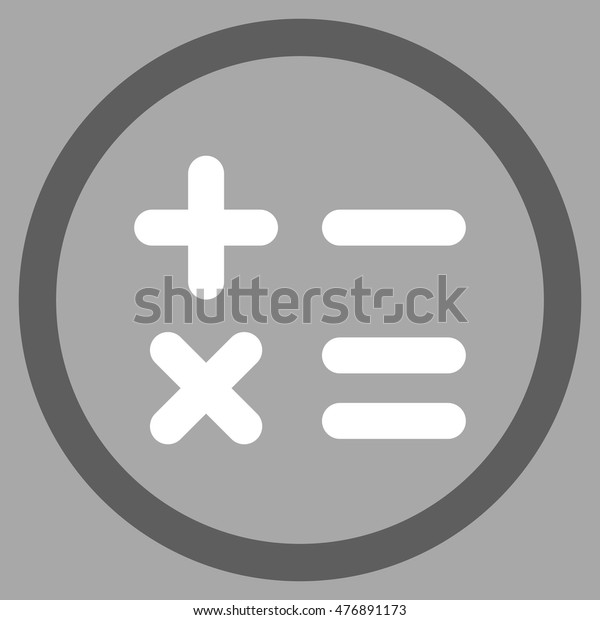 Calculator vector bicolor rounded icon. Image\
style is a flat icon symbol inside a circle, dark gray and white\
colors, silver\
background.