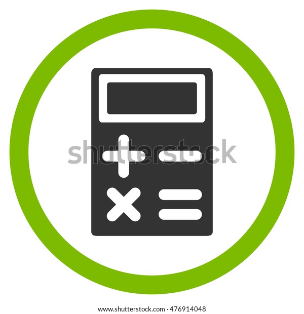 Calculator vector bicolor rounded icon. Image\
style is a flat icon symbol inside a circle, eco green and gray\
colors, white\
background.